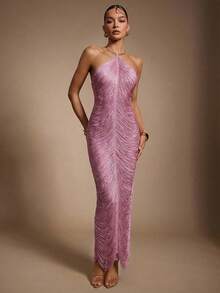 Hauture 女士流苏吊坠性感派对连衣裙，饰有金色金属装饰 - 粉色 - 查看 4