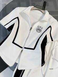 Franclia 立领短袖上衣 + 直筒裤，带侧袋 - 白色 - 查看 3