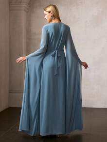 MOTF PREMIUM WOMEN'S ELEGANT V-NECK FLOOR-LENGTH PARTY GOWN , SPARKLY BEADS & SEQUIN EMBELLISHMENTS, DETACHABLE WAIST BELT & FITTED SILHOUETTE , PERFECT FOR HOLIDAY PARTIES, FORMAL EVENTS & FESTIVE OCCASIONS - Blue - View 5