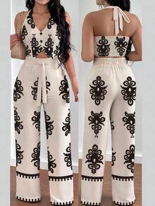 EMERY ROSE 休闲度假露背吊带背心和优雅印花阔腿裤两件套女装 - 杏色 - 查看 1