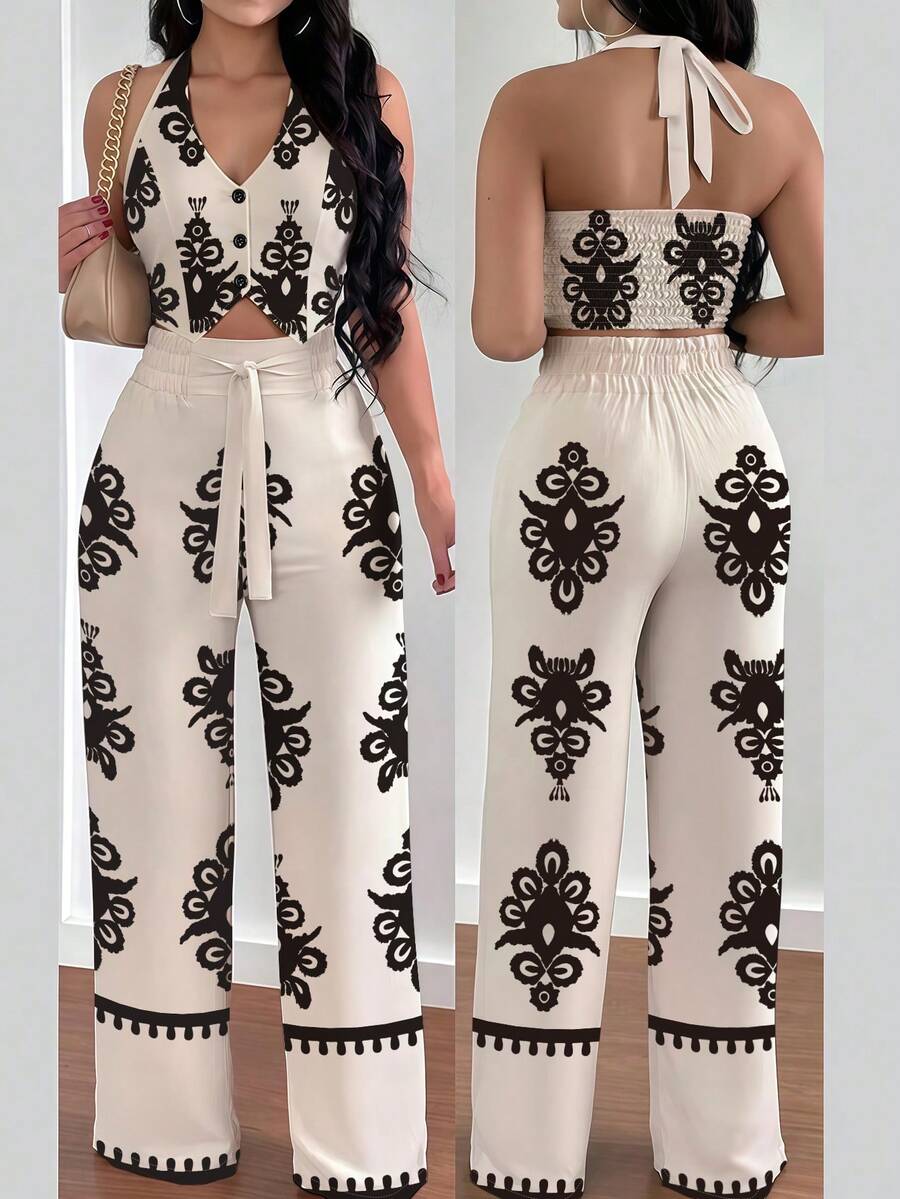 EMERY ROSE 休闲度假露背吊带背心和优雅印花阔腿裤两件套女装 - 杏色 - 查看 1