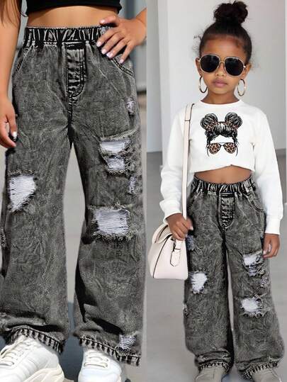 SHEIN Sparklyn Pantalones vaqueros de pierna ancha con cintura elástica y efecto desgastado para niñas pequeñas, aptos para uso diario, viajes al aire fiestas en primavera, verano, otoño e invierno