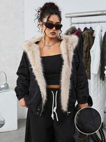 SHEIN EZwear 大码女式仿皮草连帽宽松冬季夹克 - 黑色 - 查看 1