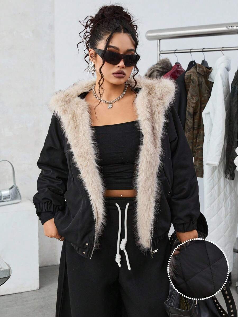 SHEIN EZwear 大码女式仿皮草连帽宽松冬季夹克 - 黑色 - 查看 1