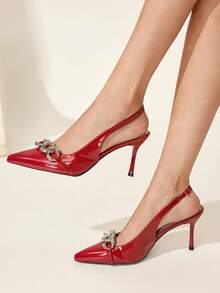 CUCCOO CHICEST Women's Pointed Toe Rhinestone Decor Everyday Versatile Fashion High Heels Valentine's Day - Red - View 5
