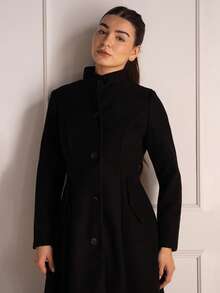 Andrea Bello 女式纯色立领前扣优雅长袖大衣，秋冬 - 黑色 - 查看 5