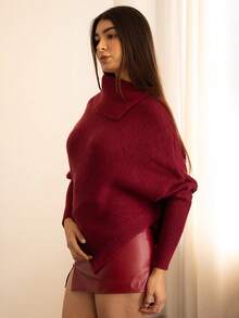 Andrea Bello 女士纯色长袖简约针织衫，休闲日常穿着，秋冬长袖上衣 - 酒紅色 - 查看 3