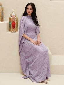 Yasmyna Women's Solid Color Elegant Boat Neck Turkish Maxi Dress, Arabic Traditional Long Robe - Dusty Purple - View 4