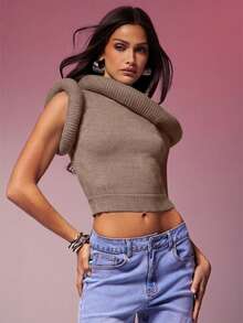 Denimoi 圆领露肩袖毛衣上装，秋冬季时尚吸睛单品 - 駝色 - 查看 3