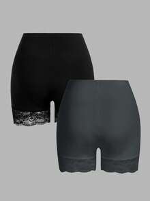 SHEIN Essnce 2pcs/Set Plus Size Women Lace Patchwork Leggings - Multicolor - View 2