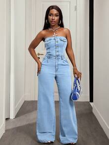 Slaydiva Women's Summer Fashionable Casual Front Button Denim Jumpsuit - Light Wash - View 1