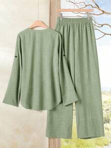 SHEIN LUNE Bộ đồ nữ màu trơn cổ chữ V tay bồng kiểu dáng thường ngày gồm áo sơ mi và quần ống rộng. - màu xanh lá - Xem 2
