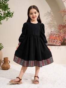 Young Girl Geometric Print Round Neck Long Sleeve Tassel Decor Casual Dress - Black - View 4