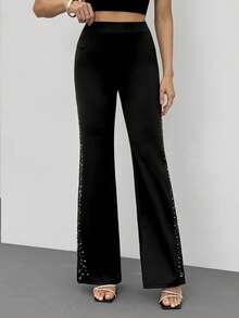 SHEIN Tall 黑色撞色蕾丝水钻装饰半透明开衩修身直筒女裤，时尚阔腿裤，黑色喇叭裤，优雅女士派对裤 - 黑色 - 查看 3