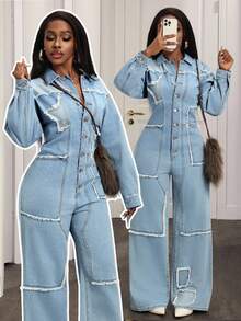 Slaydiva Women's Casual Frayed Button Half-Zip Long Sleeve Denim Jumpsuit, Autumn - Blue - View 7