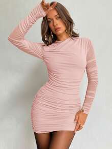 Aloruh Solid Color Wrap Around Ruched Fitted Long Sleeve Autumn Dress - Baby Pink - View 4