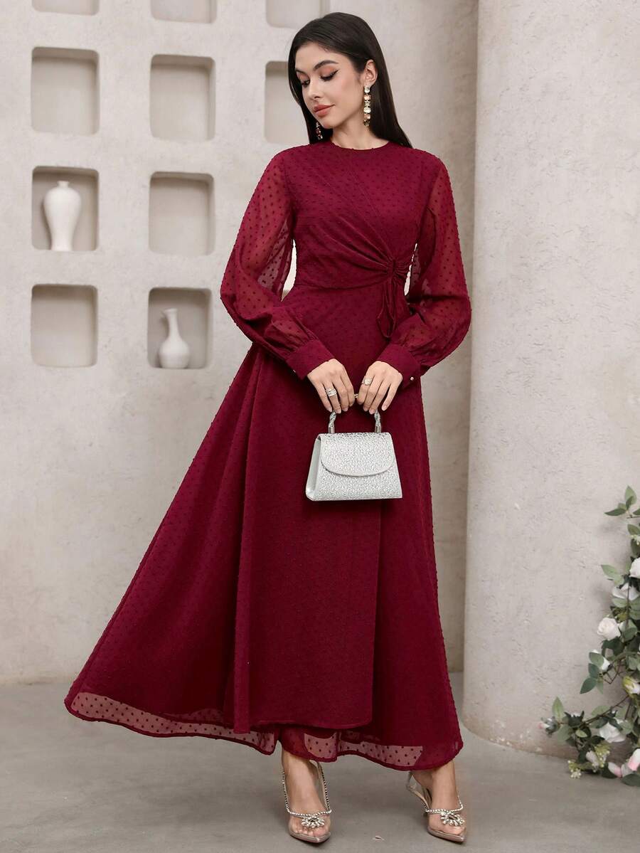 Veilorie New Design Wrap-Style Cinched Waist Romantic Flowy Elegant Vacation Dress - Burgundy - View 1