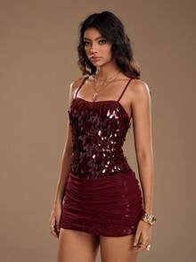 TRNVIE Sequin Strap Bodycon Mini Dress For Women, Spring/Summer Party - Red - View 3