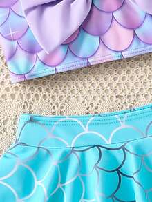 SHEIN 2pcs/Set Cute Mermaid Scale & Bow Decor Young Girl Swimsuit Set, Suitable For Beach Vacation