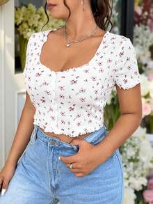 SHEIN EZwear Blusa corta de verano con estampado de flores Ditsy y ribete de lechuga talla grande - Multicolor - Ver 7