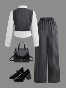 SHEIN Casuvi Kids Teen Girls Preppy Style Casual Elegant Y2K Vest, Blouse, And Pants Set, Fashionable And Versatile, Perfect For Fall And Spring And Winter