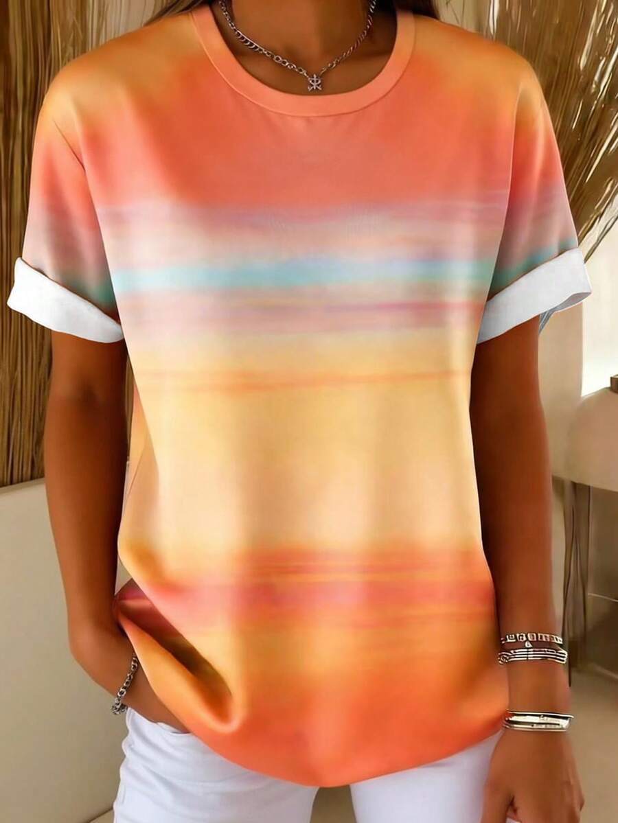 Women's Tie-Dye Print Round Neck Short Sleeve Casual Versatile T-Shirt - Burnt Orange - View 1