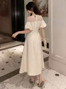 DAZY 女士优雅串珠拼接灯笼袖连衣裙，夏季 - 杏色 - 查看 2