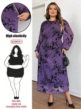 SHEIN CURVE+ 大码优雅网纱植绒褶皱A字长袖连衣裙，常规版型，春秋季女装