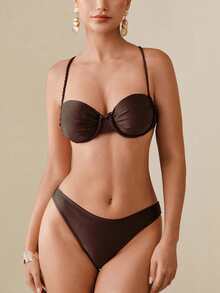 Swim Chiccia 3pcs Women Summer Swimsuit Set: Soft Cup Bra Top, High Cut Briefs, And Mini Skirt With Metal Accessories - Brown - View 5