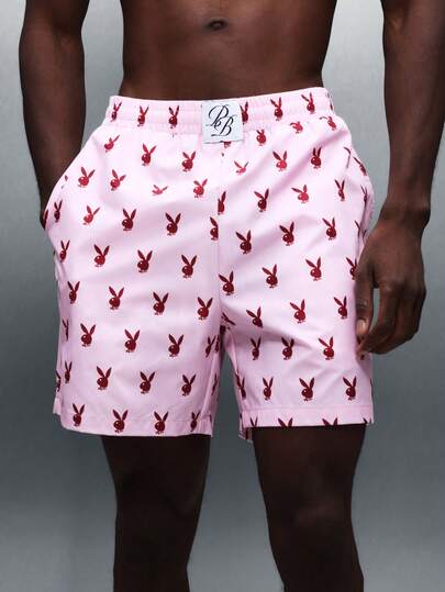 PLAYBOY X SUMWON Herrshorts med elastisk midja, heltäckande kanintryck och bekväm sommarpassform