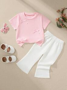 Souflis Souflis Bộ quần ống loe trắng in hình ô tô và nơ dễ thương phong cách Hàn Quốc cho bé gái, mùa hè - Nhiều màu - Xem 2