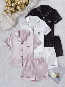 3-częściowy komplet piżamowy dla dziewcząt, jednokolorowy kardigan z kieszeniami i haftem w kształcie serca, krótki rękaw i spodenki, swobodny, wygodny strój domowy, odpowiedni na spotkania rodzinne i do noszenia w pomieszczeniach, letni - Wielokolorowe - Zobacz 1