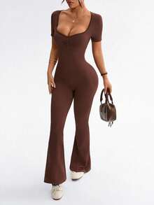 Dewbera Women's Letter Print Open Back Sweetheart Neck Short Sleeve Jumpsuit - Brown - View 5