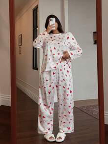 Plus Size Heart Print Crew Neck Long Sleeve Pajama Set, Valentine's Day Print Sleepwear Curve Pajamas Set Women Pjs Set Pajama Sets For Women Long Sleeve Heart Pajama Set Comfy Pajamas Set - Multicolor - View 5
