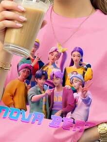 2件套多巴胺色系，K-POP卡通少女，返校季，复古甜美少女休闲宽松圆领短袖T恤短裤套装，适合春夏穿着，休闲校园运动风，户外野餐，街头摄影，居家休闲。 - 彩色 - 查看 3