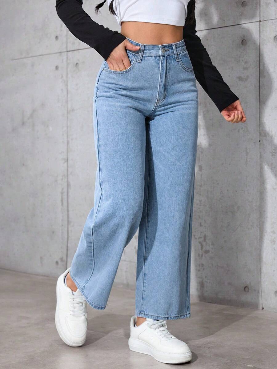 SHEIN PETITE 女士高腰口袋阔腿宽松休闲百搭牛仔裤 - 中等水洗藍 - 查看 1