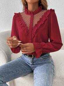 SHEIN Frenchy Contrast Dobby Shirt Mesh Flounce Sleeve Ruffle Trim Blouse Spring Valentine's Day - Burgundy - View 6