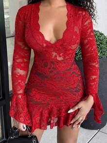 Alexandranx 夏季嬉皮风格女士透明低胸迷你连衣裙 - 紅色 - 查看 3