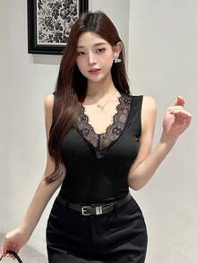 DAZY Women's Sexy Slim Fit Lace Patchwork V-Neck White Camisole Tank Top With Built-In Bra, Suitable For Spring And Summer Y2k - Black - View 6