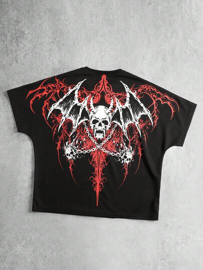 ROMWE MEN Street Life 男士骷髅翅膀印花圆领短袖T恤，复古街头风