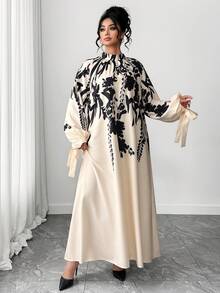 Elenzga Plus Size Casual Printed Long Sleeve Tie Cuff Dress - Multicolor - View 4