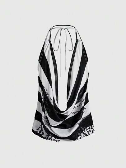 ROMWE Avant Camiseta de tirantes con espalda descubierta, estampado de eslogan y rayas de contraste, de moda sexy para mujer