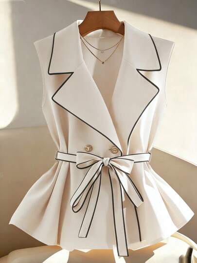 SHEIN Franclia Elegant skjorta med fransad krage och dubbelknäppt ärmlös damskjorta