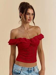 SHEIN BAE Women's White Textured Knit Off-Shoulder Ruffle Front Twist Bodycon Top, Summer Top - Red - View 7
