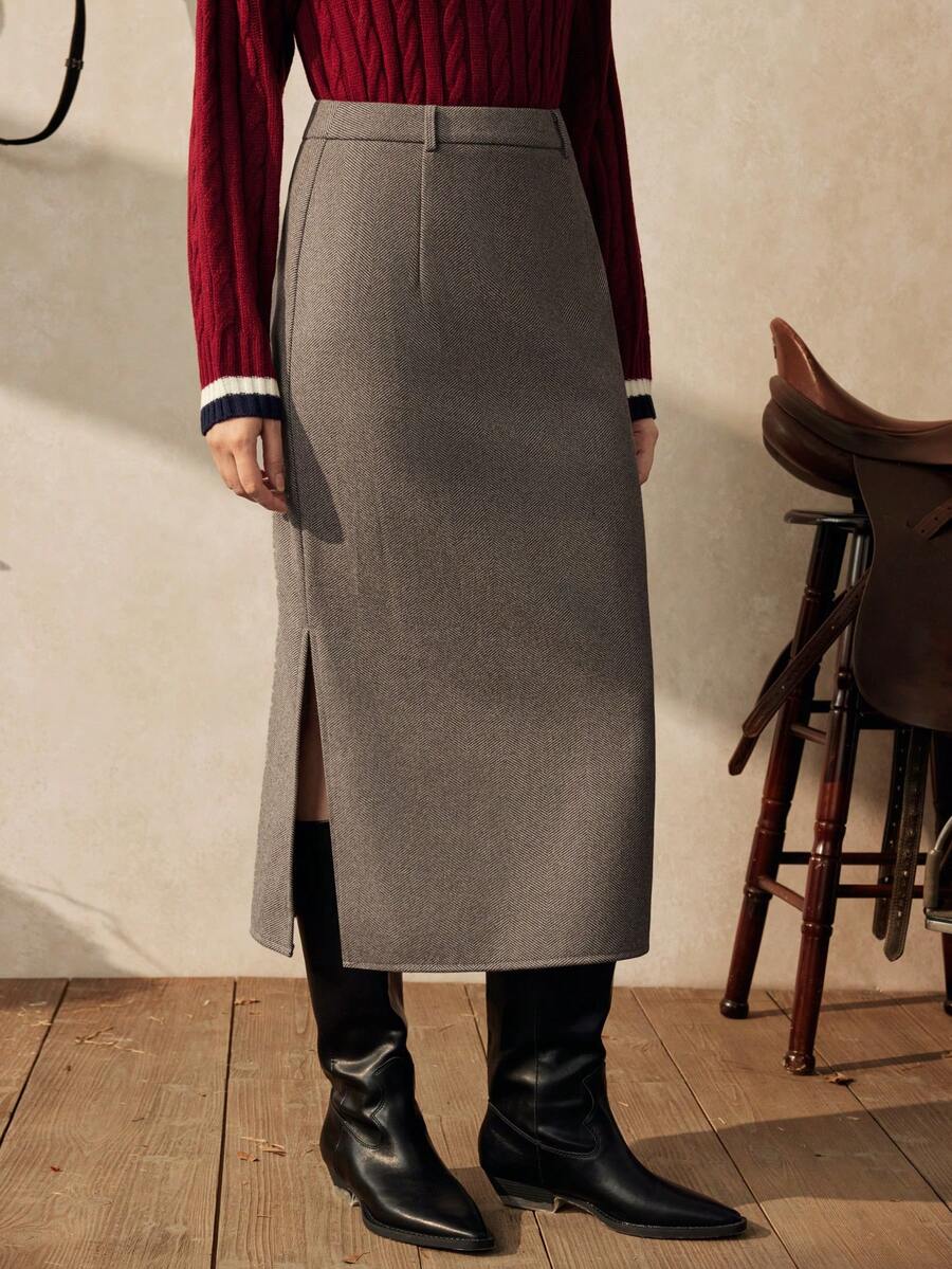 女士秋冬人字纹羊毛中长裙，休闲通勤风，高腰开衩设计，厚实面料，宽松显瘦 - 巧克力棕 - 查看 1