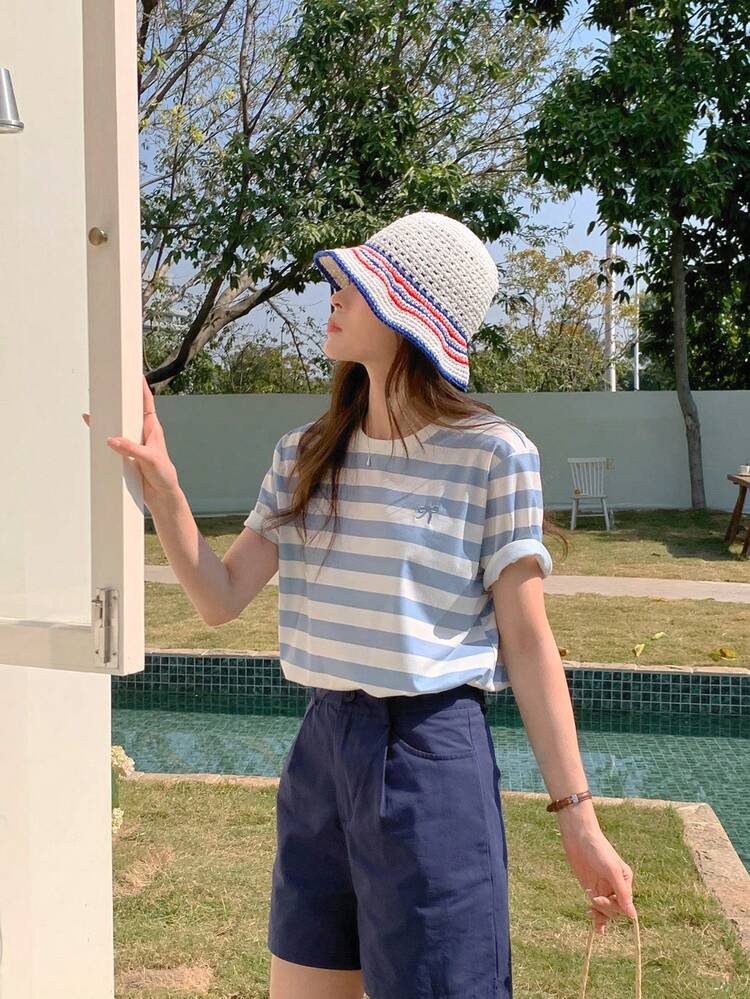 Teen Girls' Colorblock Striped Short Sleeve T-Shirt, Summer Casual Vacation