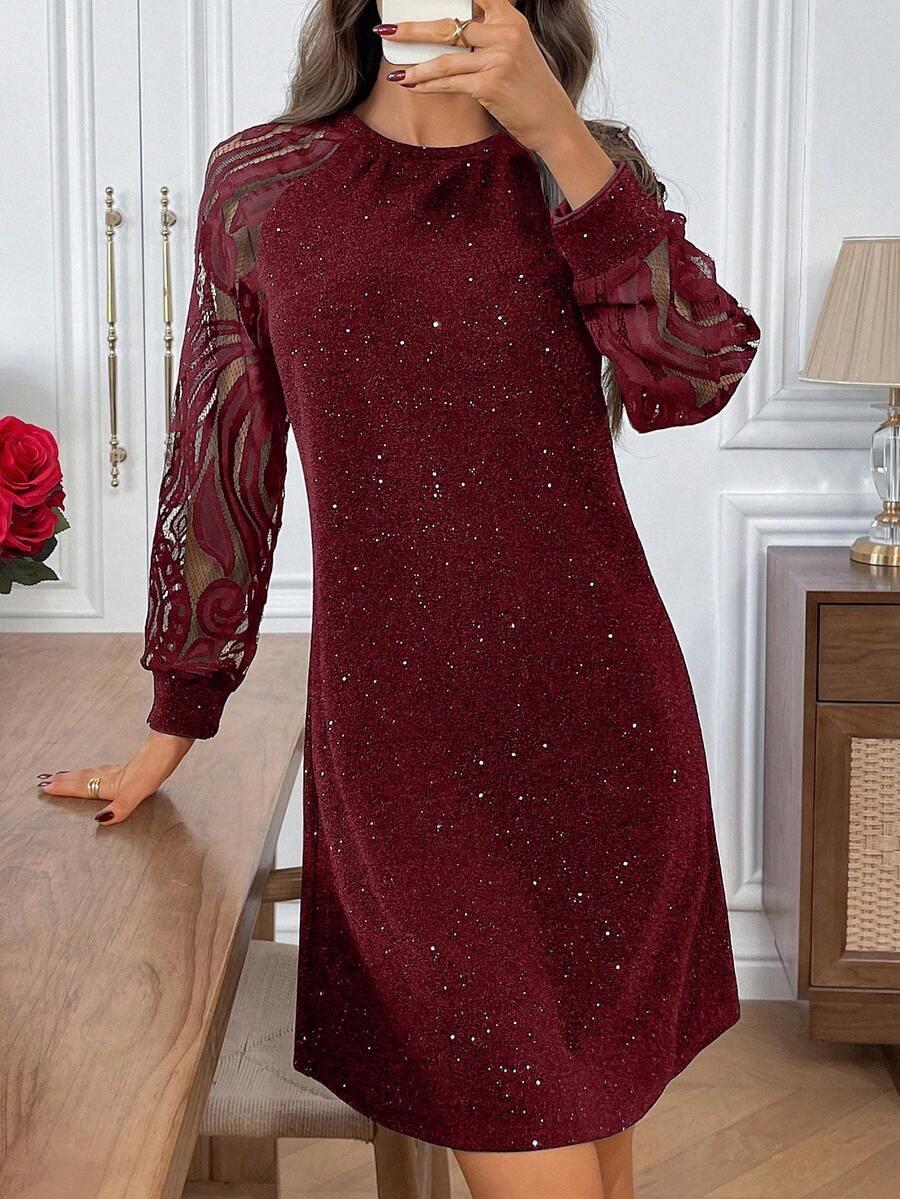 EMERY ROSE فستان قصير أنيق للنساء مزين بالدانتيل والرقعة للارتداء اليومي - عنابي اللون - مشاهدة 1