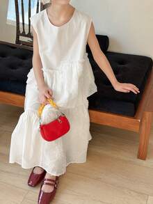 DAZY Tween Girls' Summer Casual Vacation Jacquard Sleeveless Ruffled Hem Dress - White - View 4