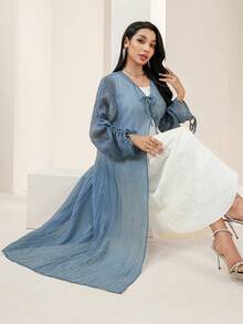 Veilorie 女士纯色抽绳长袖前系带阿拉伯长袍 - 水鴨藍 - 查看 4