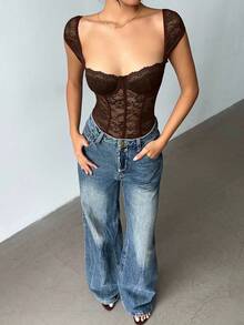 Aloruh Bộ đồ liền thân ren gợi cảm không tay, thích hợp cho mùa hè. - màu nâu - Xem 5